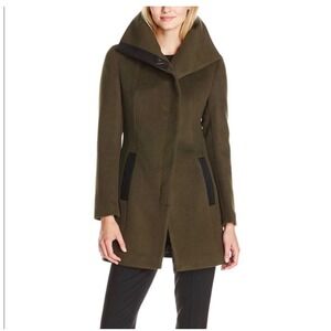 Soia & Kyo Olive Green Wool Blend Coat Leather‎ Trim Oversized Collar Medium